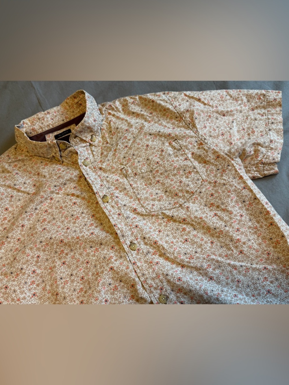 Prana Floral Button Up Shirt Mens Large Brown Slim Fit Short Sleeve Casual